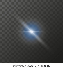 Blue star shining star on transparent background, Bright blue light shine of shining rays, illuminated particles. Vector isolated light effect.