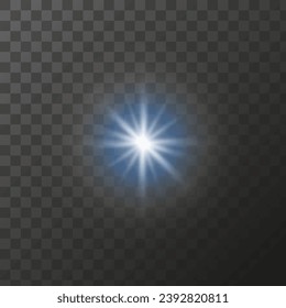 Blue star shining star on transparent background, Bright blue light shine of shining rays, illuminated particles. Vector isolated light effect.