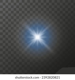 Blue star shining star on transparent background, Bright blue light shine of shining rays, illuminated particles. Vector isolated light effect.