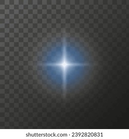 Estrella azul brillante sobre fondo transparente, luz azul brillante brillando de rayos brillantes, partículas iluminadas. Efecto de la luz aislada del vector.