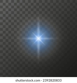 Blauer Stern glänzt auf transparentem Hintergrund, hellblaues Licht strahlt leuchtende Strahlen, beleuchtete Teilchen. Vektorisolierter Lichteffekt.