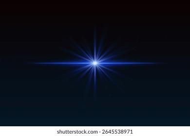 Blue starburst light with sharp rays and glow effect. Radiating flare creates elegant highlight for spotlight, flash, or sparkle visuals.