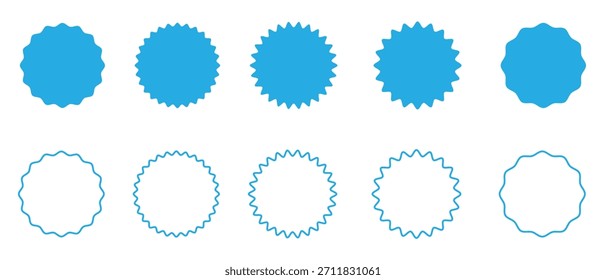 Conjunto de sellos de estallido estelar azul. Formas de Vector de la etiqueta engomada para el descuento, venta, o insignia.