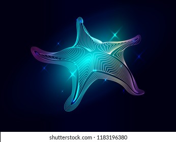 Blue starfish composed. Marine animal digital concept. Vector illustration of a starry sea or Comos. The starfish consists of lines. Wireframe light connection structure