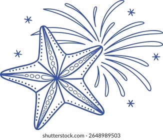 Blue Starfish and Firework Vector Illustration – Festive Ocean-Themed Design for Summer Celebrations, Beach Parties, Holiday  and Nautical Graphic Projects