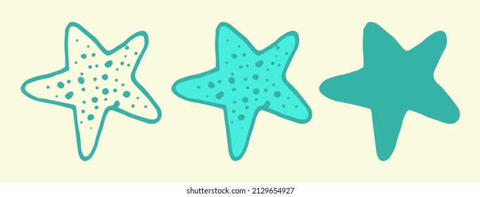 icono de la estrella de mar azul.  un conjunto de estrellas de mar, una línea aislada del elemento contorno y una silueta en el estilo de los garabatos con una textura punteada de turquesa estrecha para una plantilla de diseño. símbolo