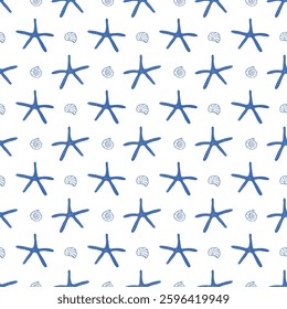 Blue starfish and seashells seamless pattern, hand drawn ocean pattern