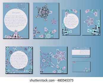 Blue star-like designed brochures, business cards and invitations. Nice hand-drawn illustration