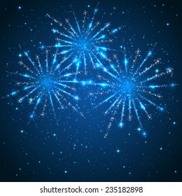 Blue starry background with shiny fireworks, illustration.