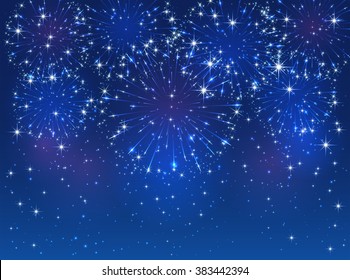 Blue starry fireworks on sky background, illustration.