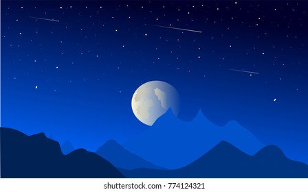Blue starry night landscape illustration vector. Full moon
