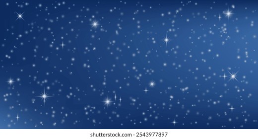 Blue Starry night sky. Galaxy space. Shiny cosmic Stars Background. Dark universe with Twinkle sparkle star. Winter magic gradient. Fantasy glowing Galactic pattern. Vector illustration