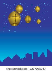 Blue starry night sky with Saint John balloons. City silhouette below. Day of the Brazilian Festa Junina. Vector Illustration.