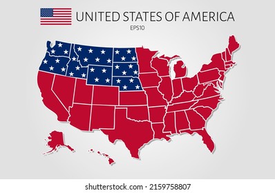 Blue starry and red map of United States of America with borders, isolated on gray background. US blank outline map template. EPS10 vector design.