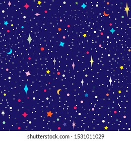 blue starry sky drawing vector seamless background. Space pattern with stars and moon. Cosmos colorful Background. Night Sky.