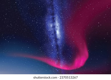 Blue starry sky. Milky Way and polar lights. Purple aurora borealis