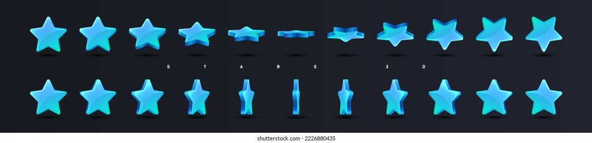 Estrellas azules en 3D. Colección de elementos gráficos para el sitio web, creando animación. Etiquetas para redes sociales y mensajeros. Ilustraciones vectoriales isométricas de dibujos animados aisladas en fondo negro