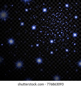 Blue stars black night sky on transparent background. Abstract light glitter. Fantasy sparkles. Shine christmas texture, magic glow. Bright design for holiday card. Vector illustration