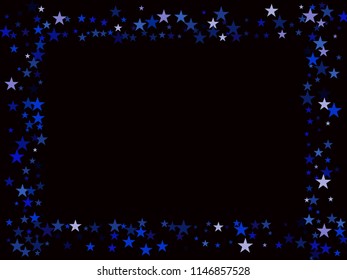Blue Stars Confetti, Festive Vector Border Decoration. Fairy Christmas Lights, Gamour Sparkles, Glitter for Birthday Party Decoration. New Year Holiday Falling Texture Stars Confetti, Gift Decor