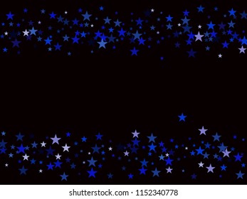 Blue Stars Confetti, Festive Vector Border Decoration. Fairy Christmas Lights, Gamour Sparkles Glitter for Birthday Party Hipster Frame. New Year Holiday Falling Down Stars Confetti, Festival Firework