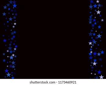Blue Stars Confetti, Festive Vector Frame Decoration. Fairy Christmas Lights, Gamour Sparkles Glitter for Birthday Party Hipster Frame. New Year Holiday Falling Down Stars Confetti, Gift Decor