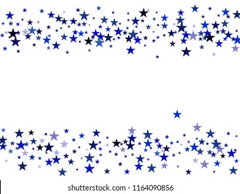 Blue Stars Confetti, Glowing Vector Border Background. Magic Christmas Lights, Gamour Sparkles, Glitter for Birthday Party Celebration. New Year Holiday Falling Down Stars Confetti, Gift Decor