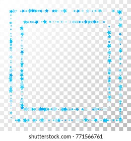 Blue Stars Confetti Lines on Transparent Background. Invitation Background. Banner, Greeting Card, Christmas and New Year card, Postcard, Packaging, Textile Print. Beautiful Starry Sky