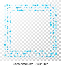 Blue Stars Confetti Lines on Transparent Background. Invitation Background. Banner, Greeting Card, Christmas and New Year card, Postcard, Packaging, Textile Print. Beautiful Starry Sky