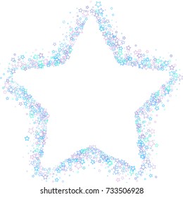 Blue stars confetti. Scattered of the little blue stars and rings. Random falling stellar confetti on white background. Vector illustration.