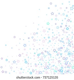 Blue stars confetti. Scattered of the little blue stars and rings. Random falling stellar confetti on white background. Vector illustration.