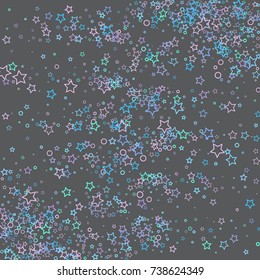 Blue stars confetti. Scattered of the little blue stars and rings. Random falling stellar confetti on gray background. Vector illustration.