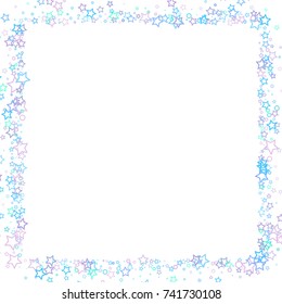 Blue stars confetti. Scattered of the little blue stars and rings. Random falling stellar confetti on white background. Vector illustration.