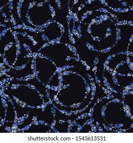 Blue stars confetti. Seamless pattern random starry fall. Luxury shiny little random stellar falling  on black background. New Year and Christmas background.  Vector
