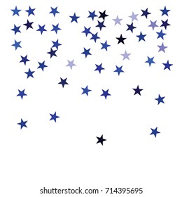 Blue Stars Confetti. Vector Christmas or New Year Celebration Background. Festive Firework Dark Night Effect. Frozen Winter Blue Stars Confetti Flying or Falling Down in Blue.  