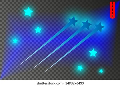 Blue stars. Laser beams, light beams. Beautiful light flashes. Glowing stripes on a dark background. Bright abstract sparkling lined background.