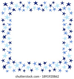 Blue stars on a white background. Hand-drawn square frame. Greeting card template. Vector illustration.