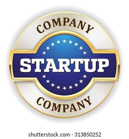 Blue startup company badge with gold border on white background