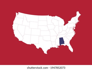 Blue state map of Alabama shown on white USA map with red background. Detailed vector map of the United States made with the colors of the USA flag.