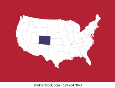 Blue state map of Colorado shown on white USA map with red background. Detailed vector map of the United States made with the colors of the USA flag.