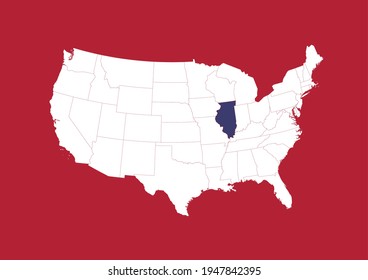 Blue state map of Illinois shown on white USA map with red background. Detailed vector map of the United States made with the colors of the USA flag.