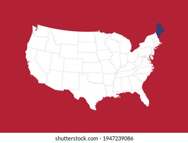 Blue state map of Maine shown on white USA map with red background. Detailed vector map of the United States made with the colors of the USA flag.