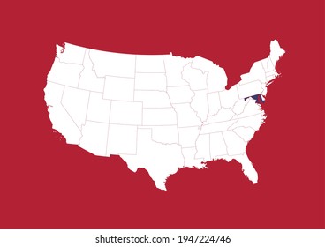 Blue state map of Maryland shown on white USA map with red background. Detailed vector map of the United States made with the colors of the USA flag.