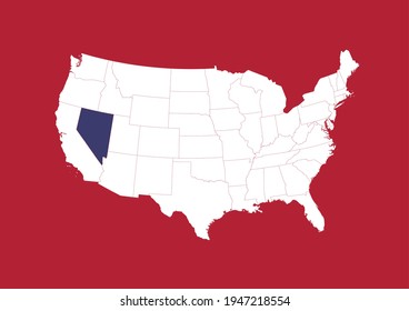 Blaue Zustandskarte von Nevada auf weißer US-Karte mit rotem Hintergrund. Detaillierte Vektorkarte der Vereinigten Staaten mit den Farben der US-Flagge.