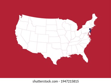 Blue state map of New Jersey shown on white USA map with red background. Detailed vector map of the United States made with the colors of the USA flag.