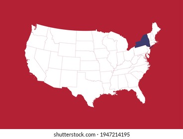 Blue state map of New York shown on white USA map with red background. Detailed vector map of the United States made with the colors of the USA flag.
