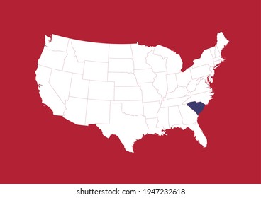 Blue state map of South Carolina shown on white USA map with red background. Detailed vector map of the United States made with the colors of the USA flag.