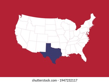 Blue state map of Texas shown on white USA map with red background. Detailed vector map of the United States made with the colors of the USA flag.
