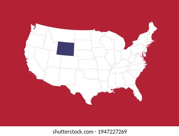 Blue state map of Wyoming shown on white USA map with red background. Detailed vector map of the United States made with the colors of the USA flag.