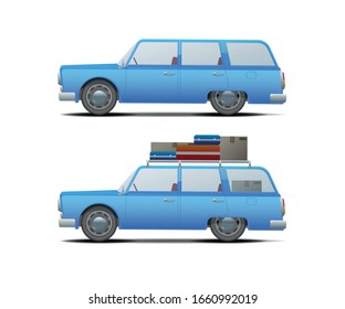 Blue Station Wagon Car Loaded For Travel Side View. Isolated Vector Illustration. 