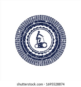 Blue stationary bike icon inside rubber grunge texture stamp